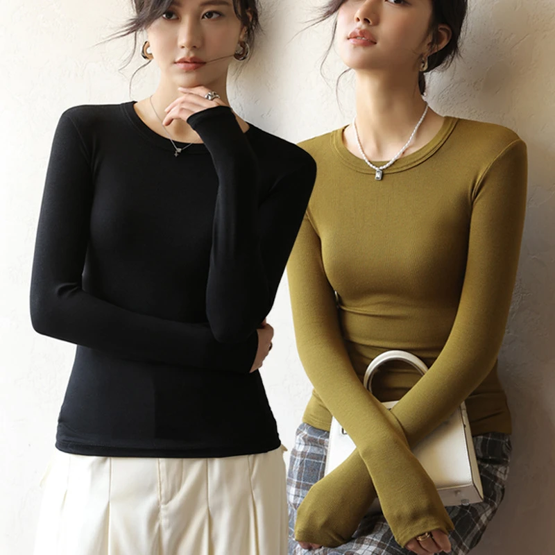 春秋冬款黑色莫代尔圆领打底衫女休闲西装内搭修身高级感新款长袖