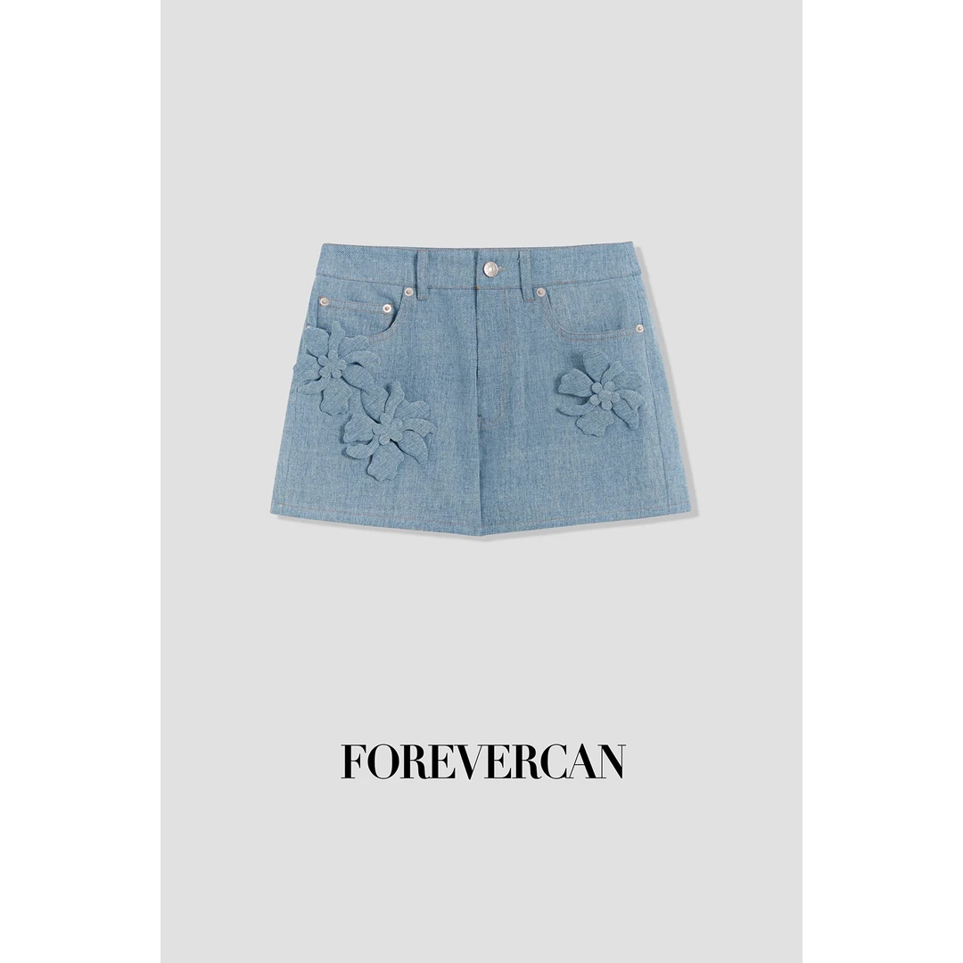 FOREVERCAN“环岛记”手工立体花卉做旧洗水高腰牛仔短裤 SP21714