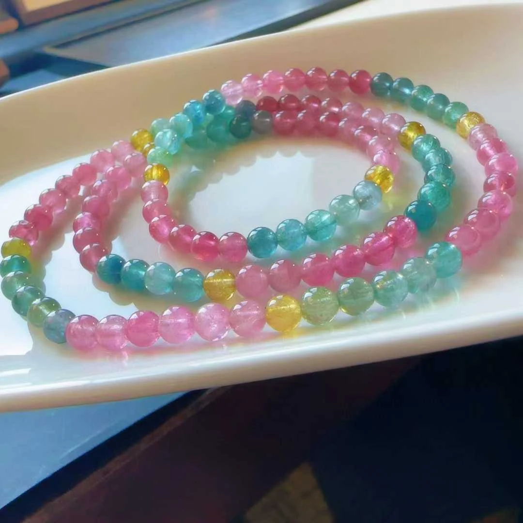 天然真品彩虹碧玺手串三圈5mm22.4g正品碧玺多圈手链女招财旺夫