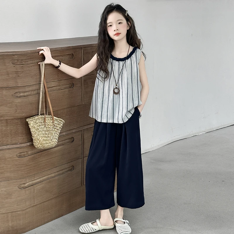 女童条纹无袖套装夏装洋气上衣时尚夏季阔腿裤宽松条纹两件套薄款