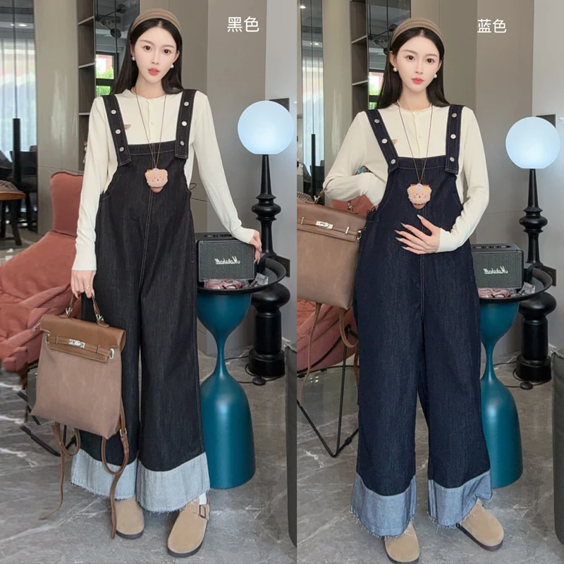2025新款孕妇装春秋装韩版时尚牛仔背带裤孕期穿搭一整套大码套装