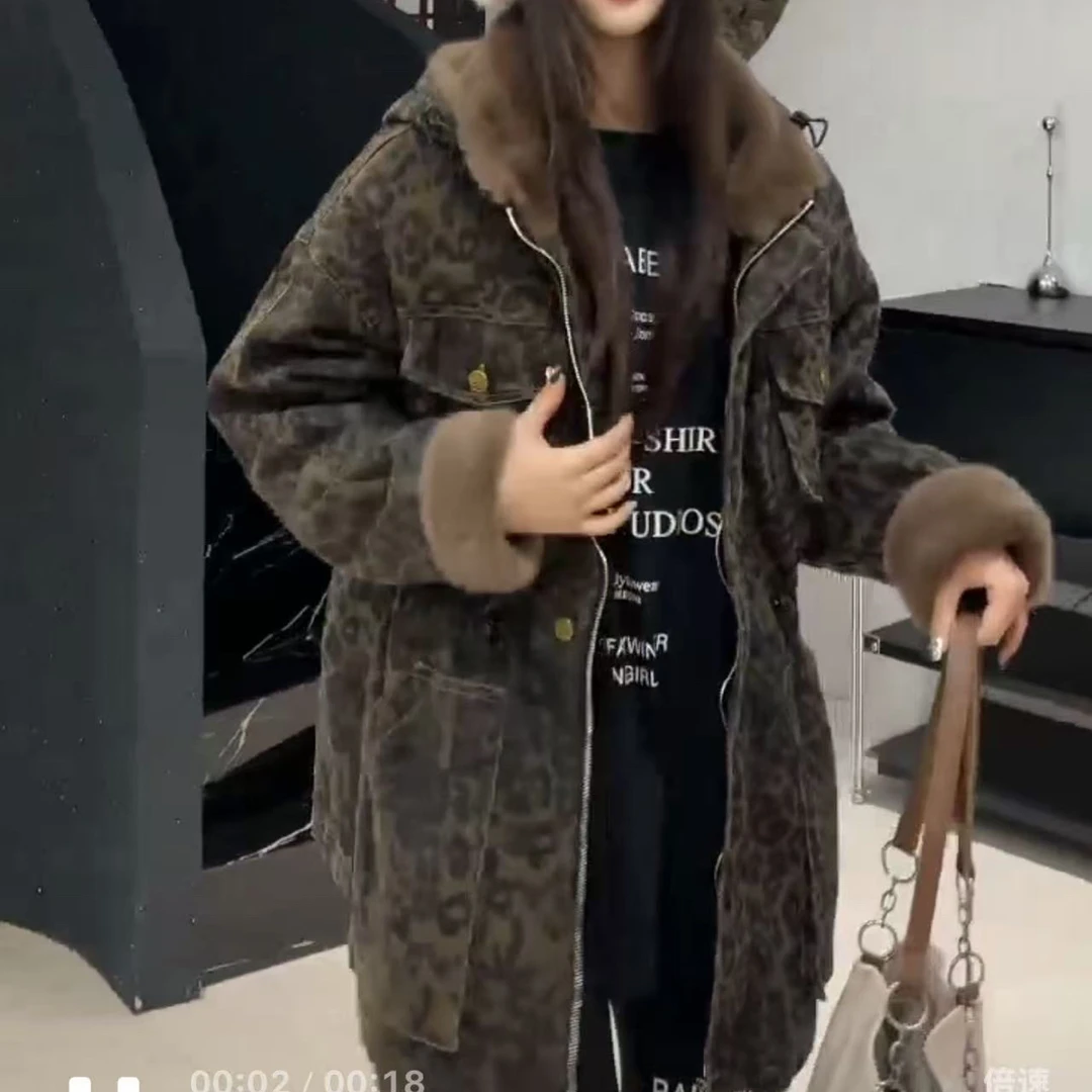 欧货厚款豹纹连帽拉链外套时尚休闲