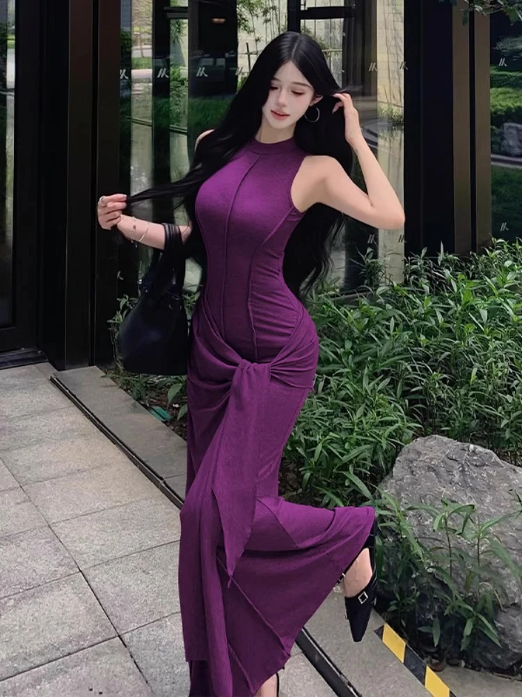 夏季新款气质设计感紫色莫代尔背心连衣裙韩系假两件辣妹包臀长裙