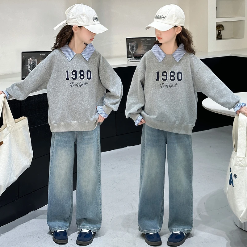 女童春装套装2025新款中大童网红洋气时髦儿童休闲POLO卫衣两件套