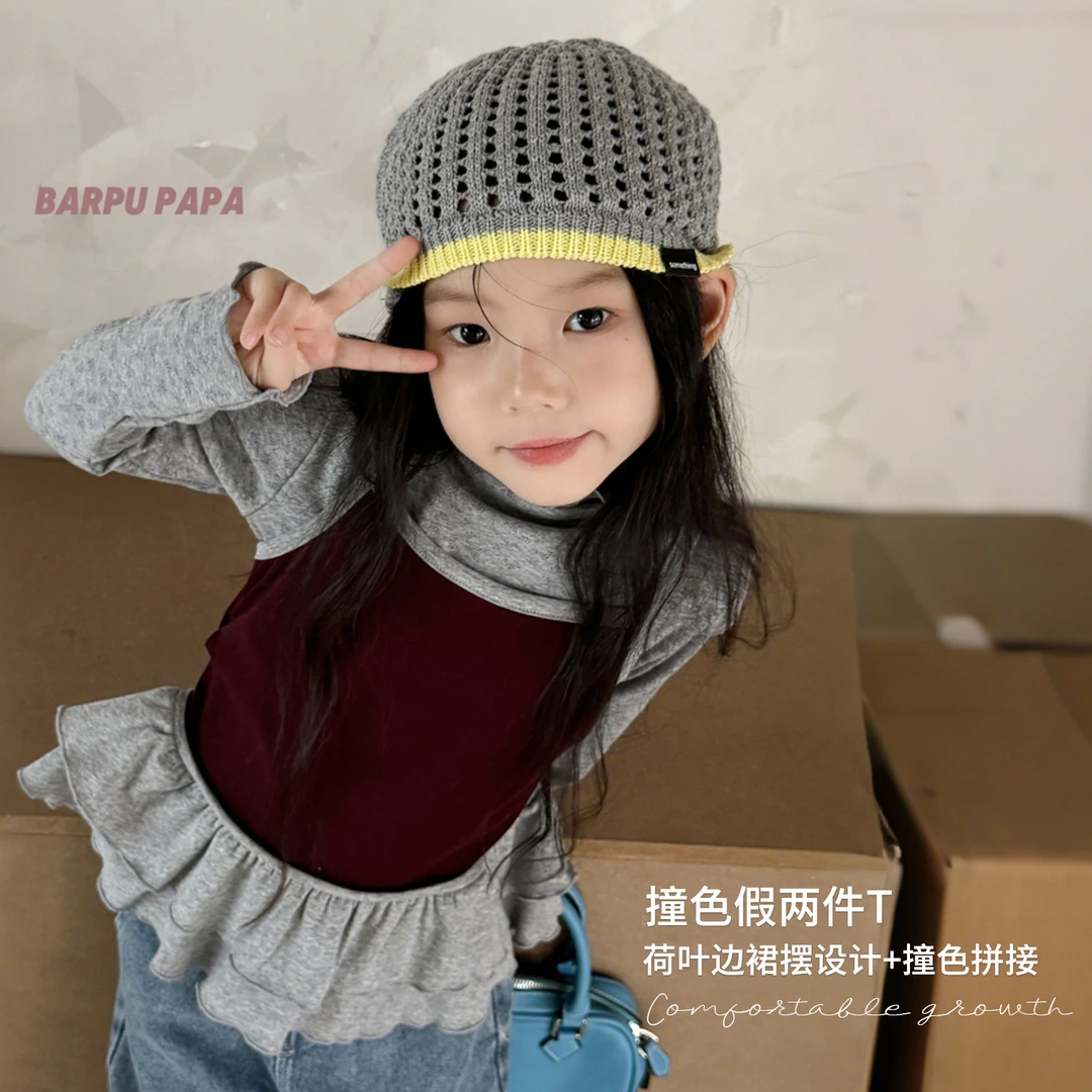 PAPA~韩系25秋女童撞色拼接打底衫-72002