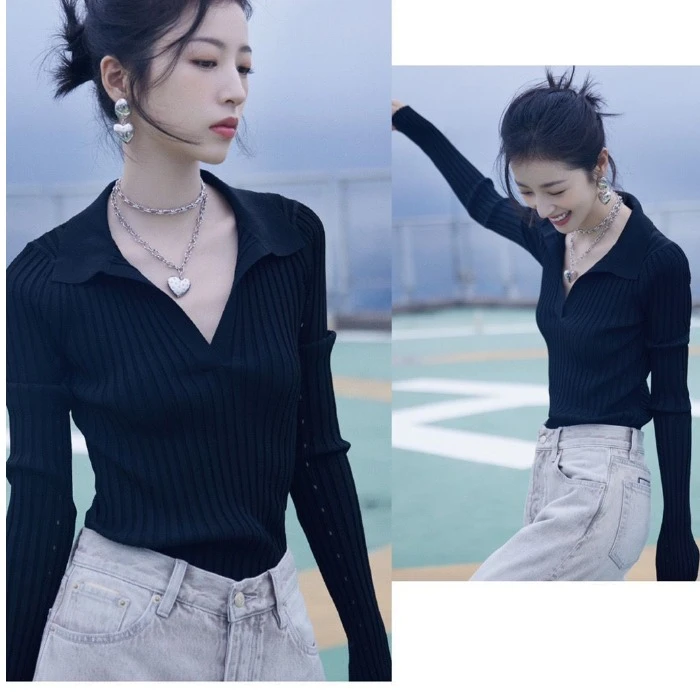 周雨彤秋季黑色长袖针织衫女修身显瘦设计感法式气质V领洋气上衣
