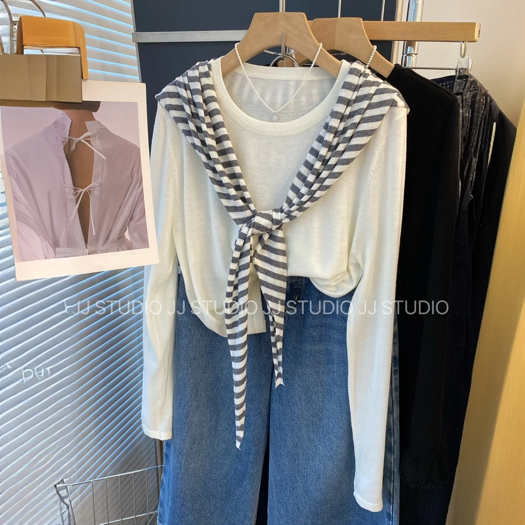配条纹披肩 韩国东大门休闲宽松百搭长袖针织衫女秋上衣打底衫