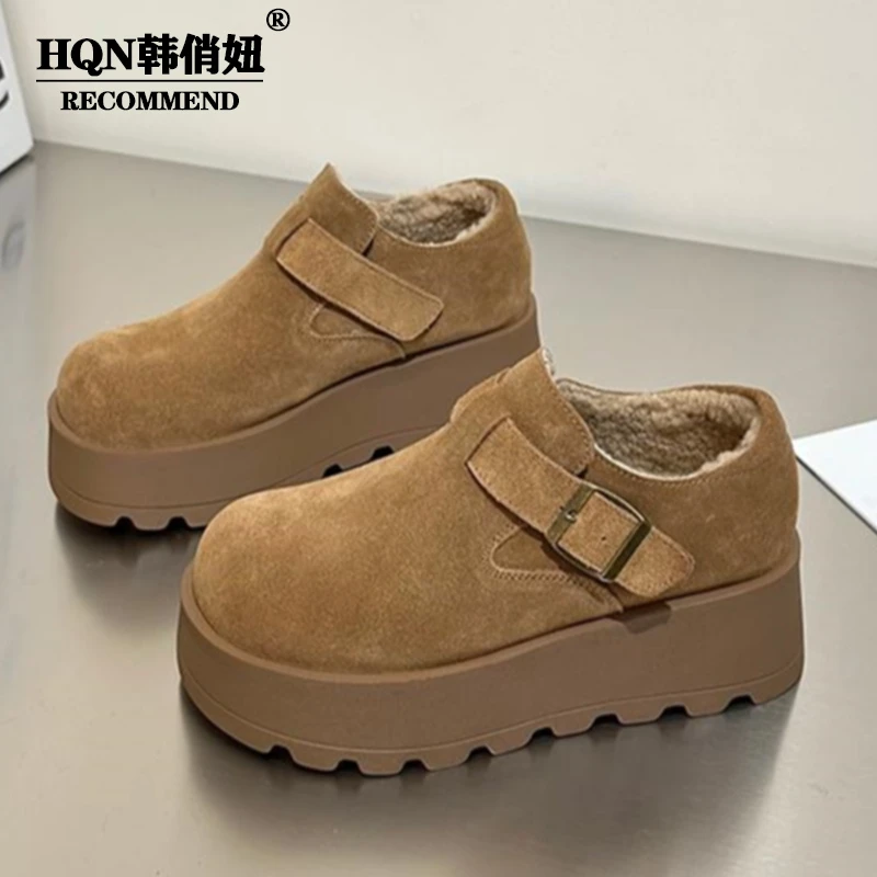 小个子增高6cm~厚底加绒勃肯鞋女2024冬一脚蹬松糕深口鞋百搭单鞋