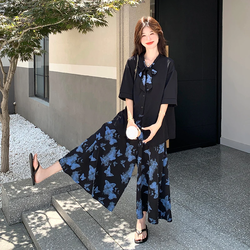 大方得体穿搭复古套装女2025气质新款黑色大码休闲显瘦两件套潮