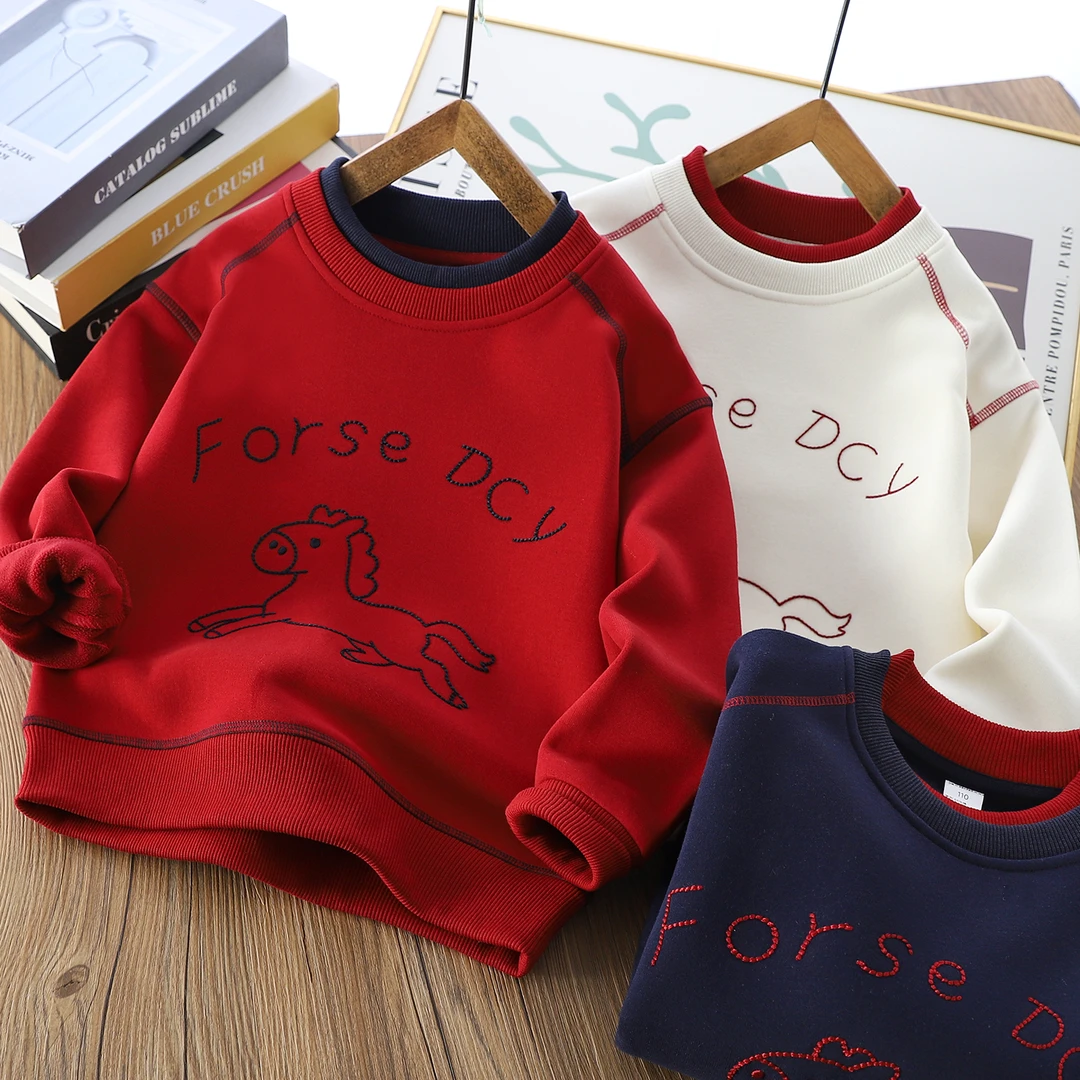 男童加绒卫衣2025冬新款儿童装刺绣假两件年服上衣加厚保暖打底衫