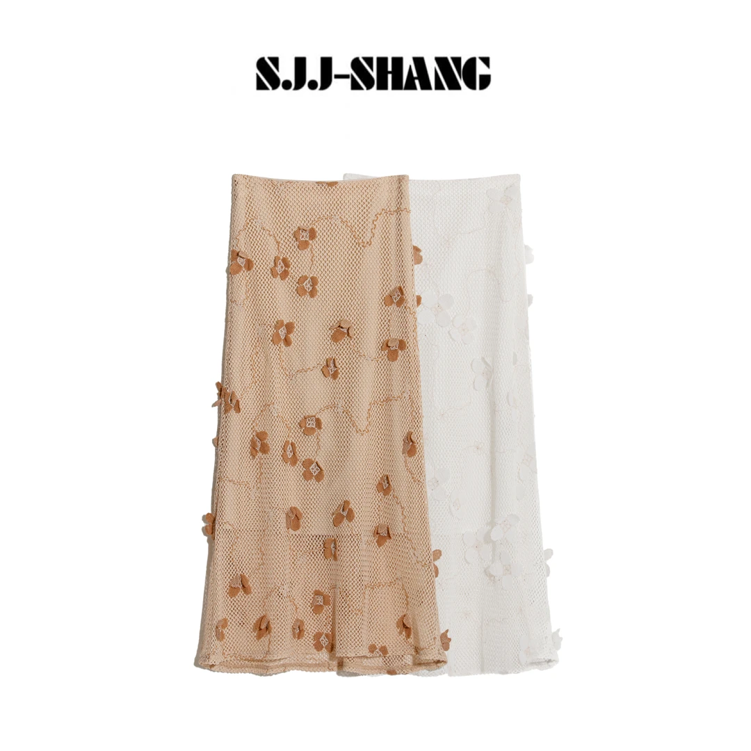 SJJ-SHANG【花开假日】25ss新品棉手工缝制钉花气质半身裙q134301p