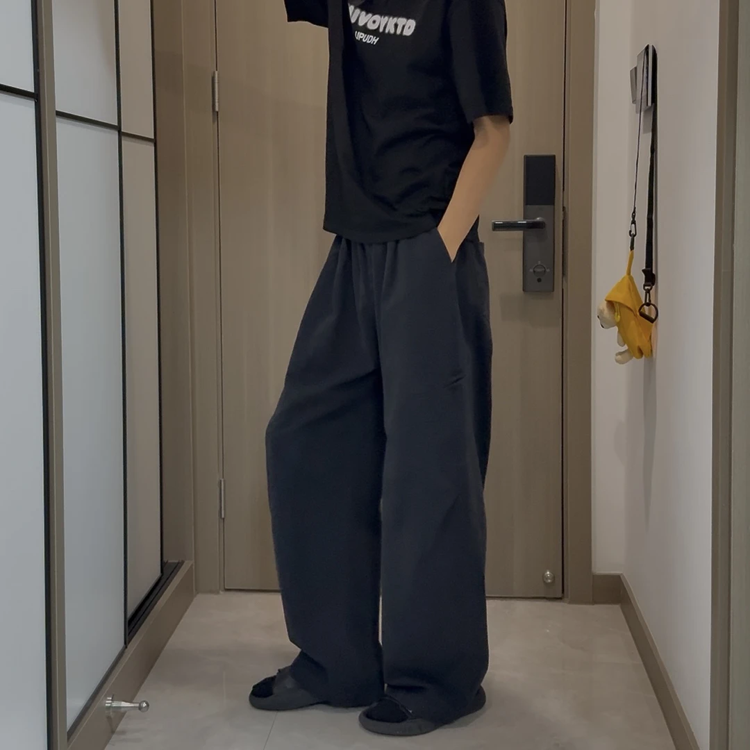 【尚且男装】复古ins直筒水洗长裤中腰纯色休闲阔腿裤黑色工装裤