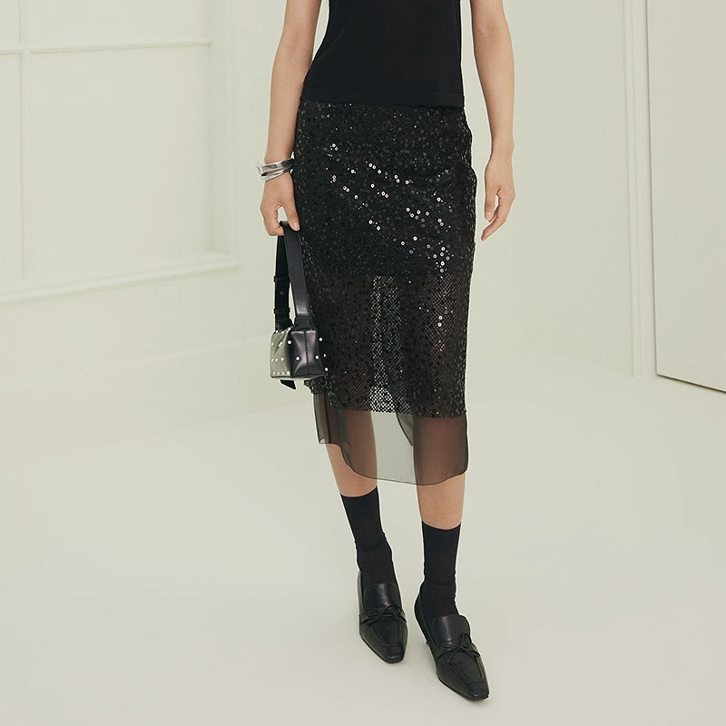 FS经典黑色亮片双层下摆直筒半身裙女25春新款3529A