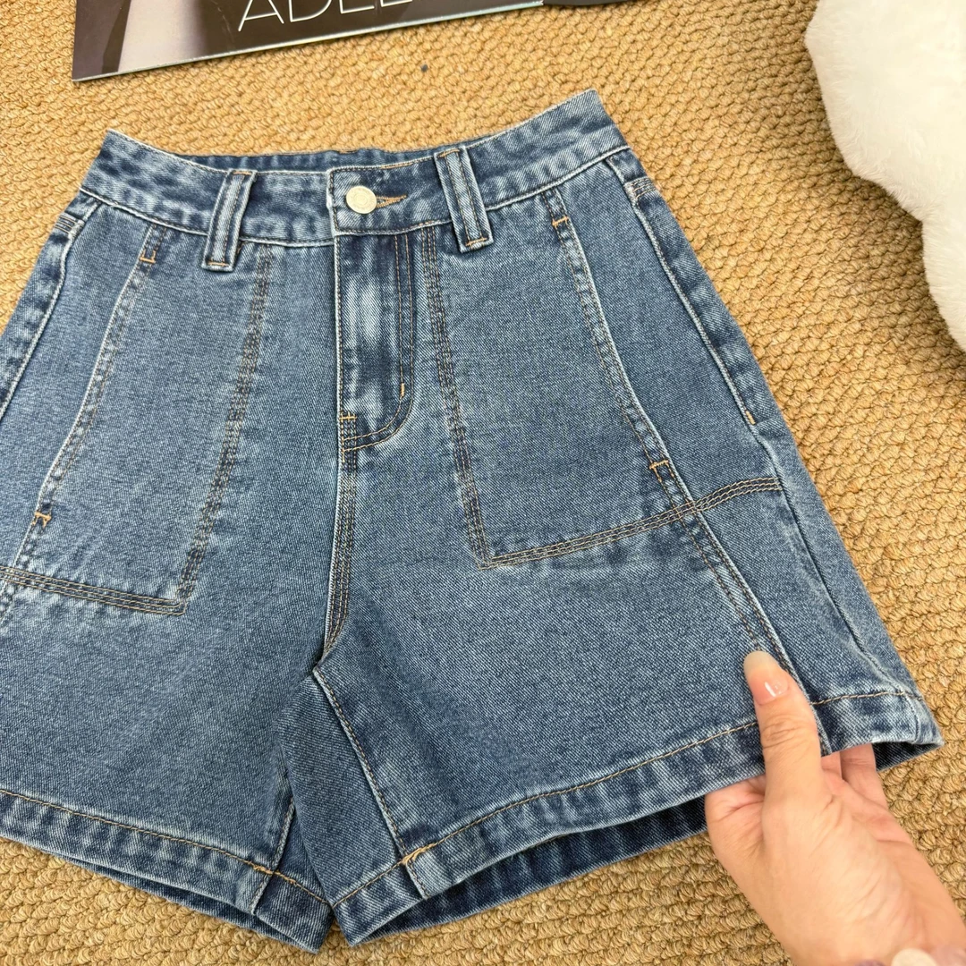 复古蓝夏季薄款大码显瘦高腰时尚百搭阔腿宽松牛仔短裤女士7017