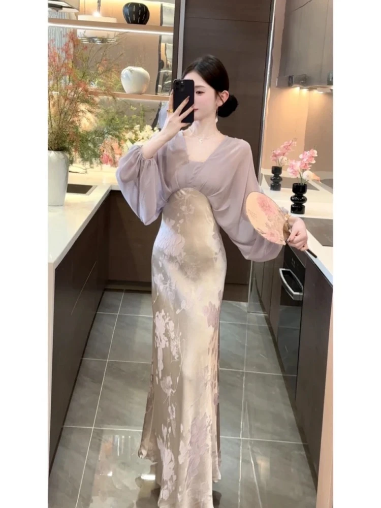 国风新中式假两件提花拼接连衣裙女2025夏季新款优雅气质收腰长裙