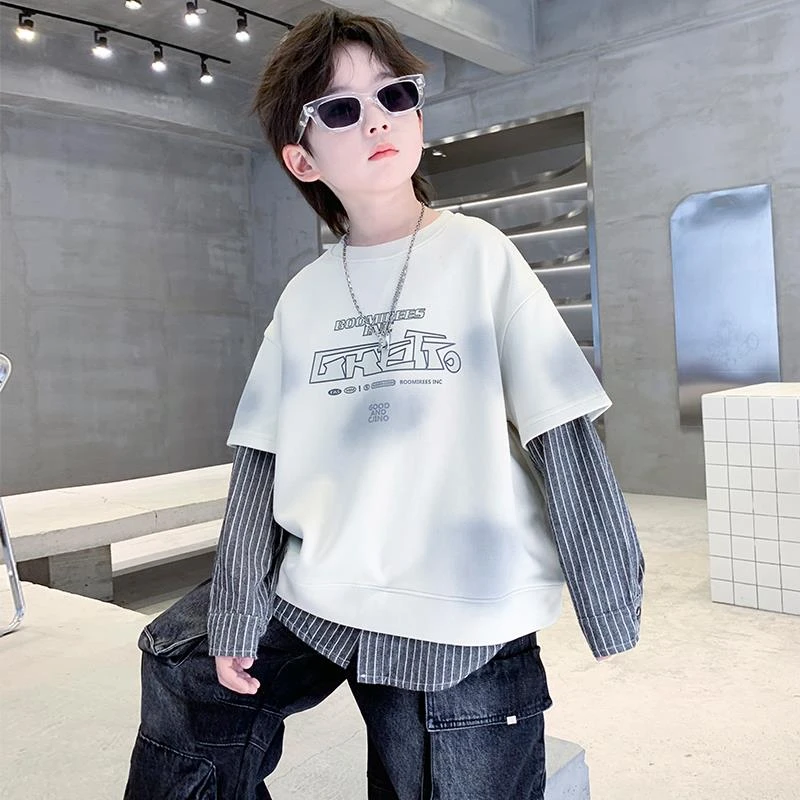 儿童装男童潮牌假两件卫衣秋季2025新款中大童男孩秋季痞帅上衣