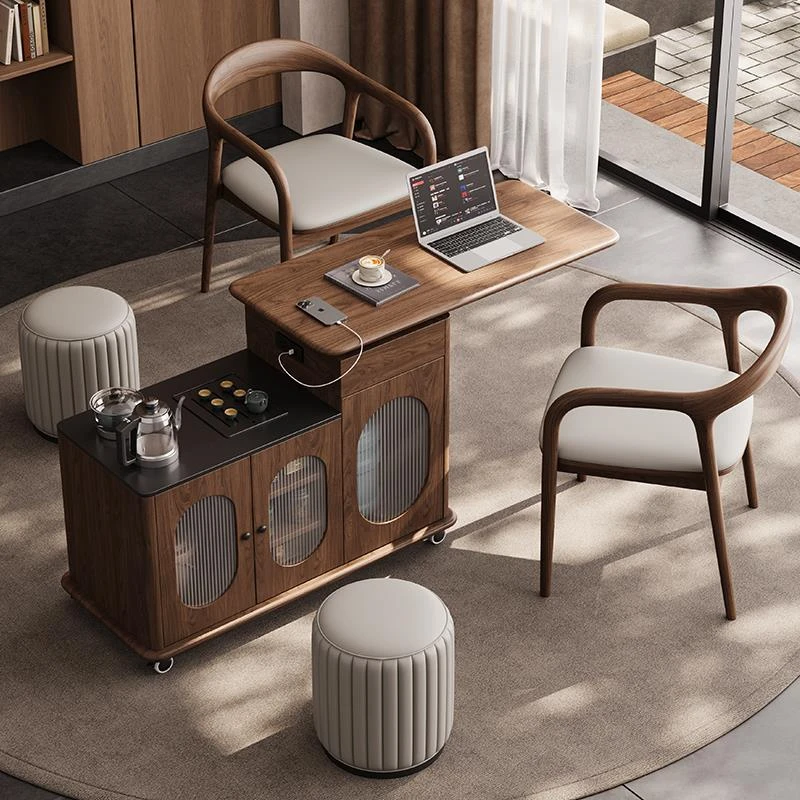 阳台实木茶桌移动茶台旋转小茶车简约家用客厅沙发边几一体泡茶桌