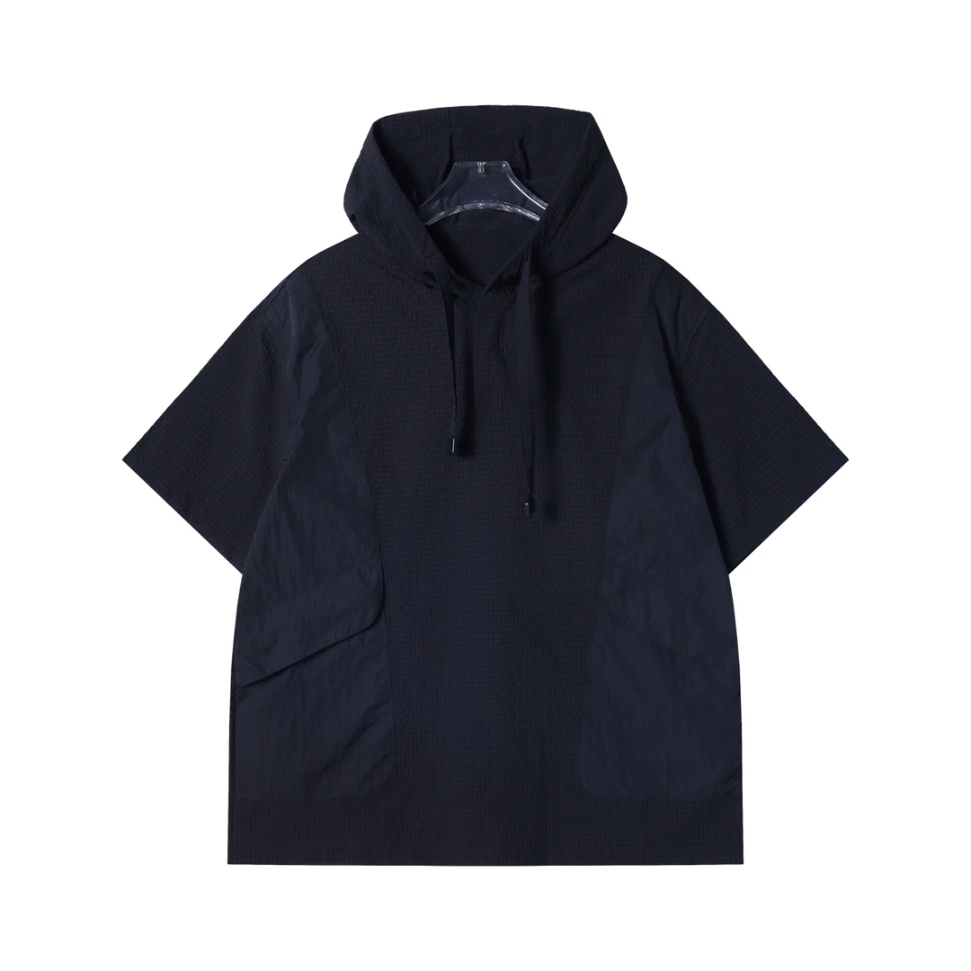 夏季高级感新款纯色拼接抽绳连帽短袖T恤肌理感百搭简约套头上衣