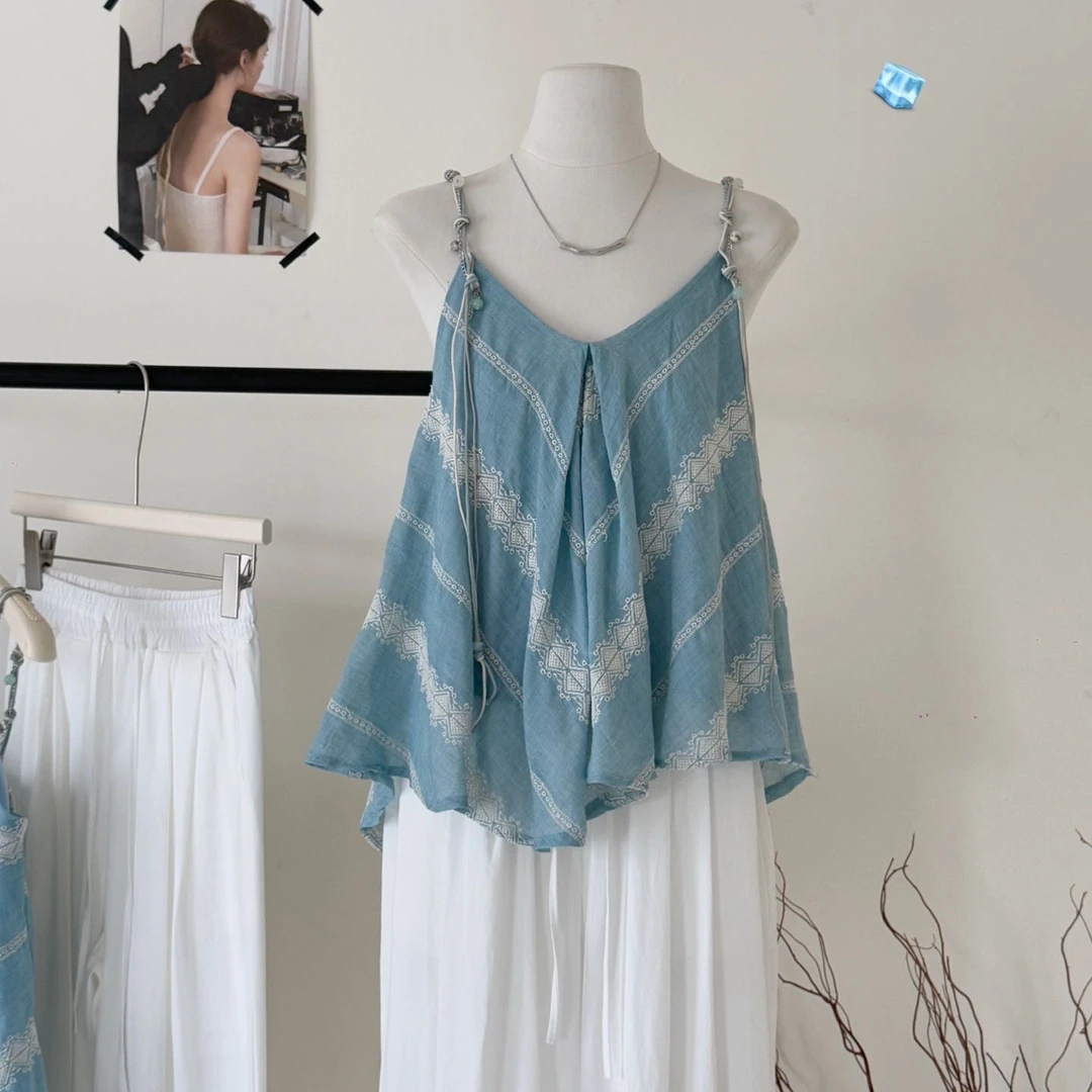 0272 海边度假棉麻刺绣v领百搭串珠刺绣吊带背心