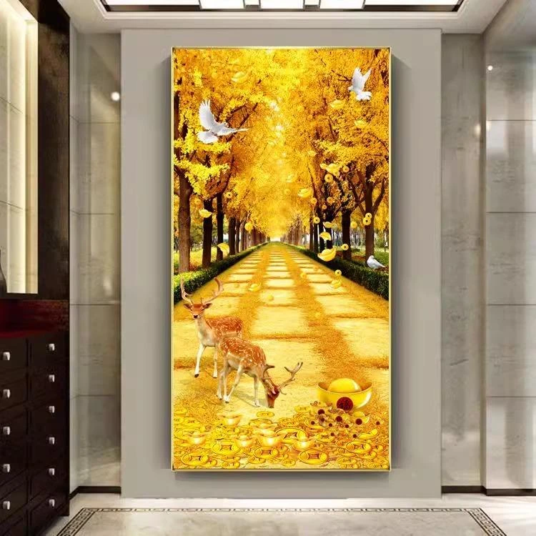 麋鹿发财树玄关装饰画入户正对门挂画轻奢高级感客厅走廊过道壁画