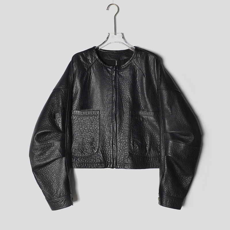 yy短款圆领黑色大象纹皮衣 40136