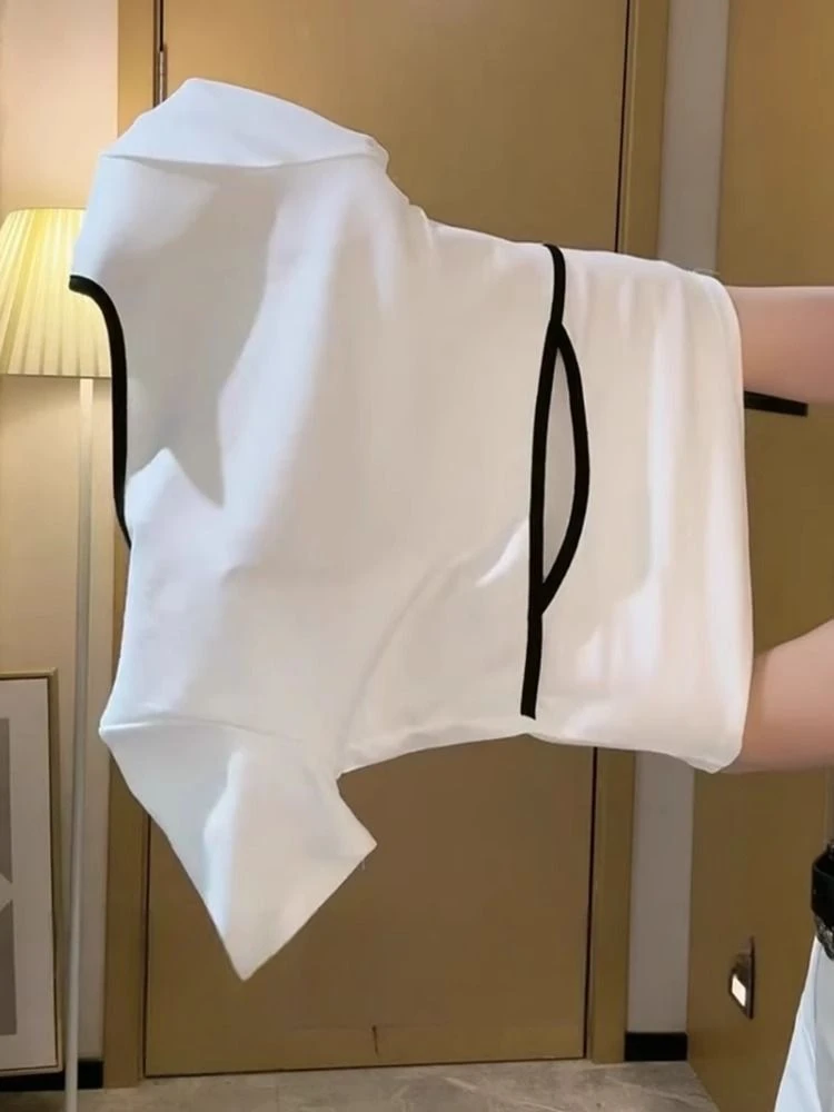 韩系时尚镂空露背短袖T恤女2025夏季新款字母印花修身方领小上衣