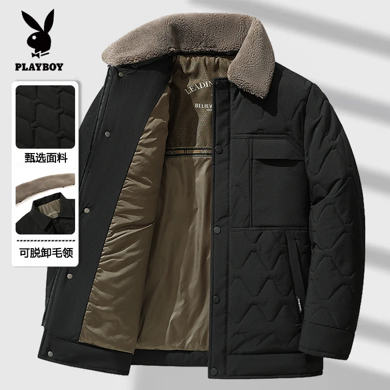 花花公子冬季新款男士棉服外套防风保暖翻领棉衣中年时尚休闲加厚