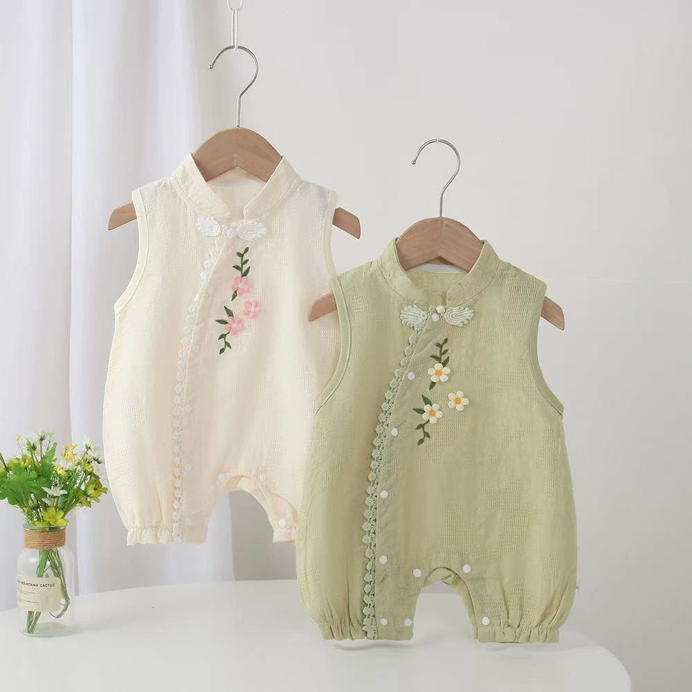 婴幼儿夏季三朵花立领女宝偏襟连体衣婴儿宝宝新生儿洋气儿童薄款