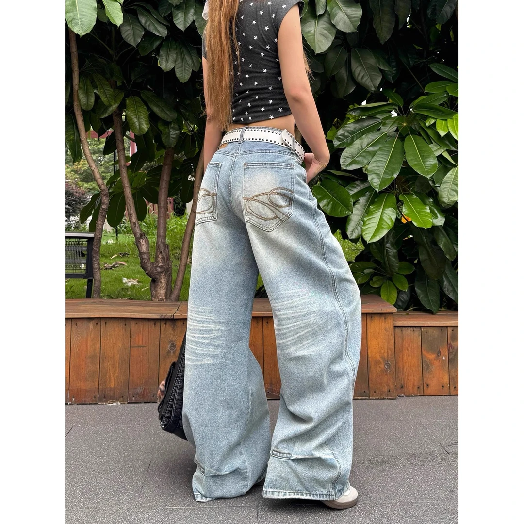 【现货】高街复古口袋刺绣牛仔裤女夏季薄款宽松高腰直筒阔腿裤长裤
