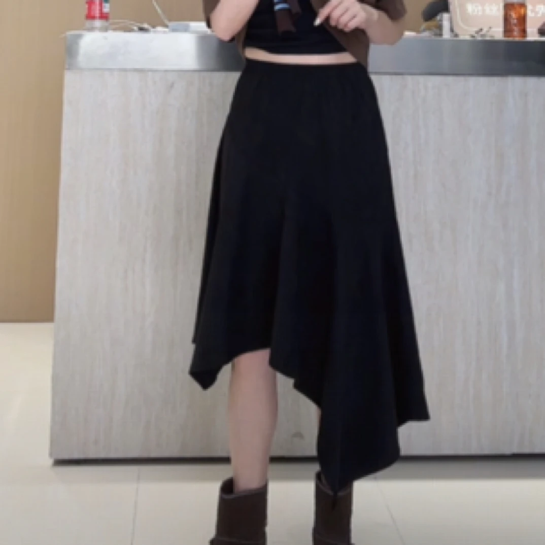 不规则显瘦纯色中长款半身裙女秋季气质百搭