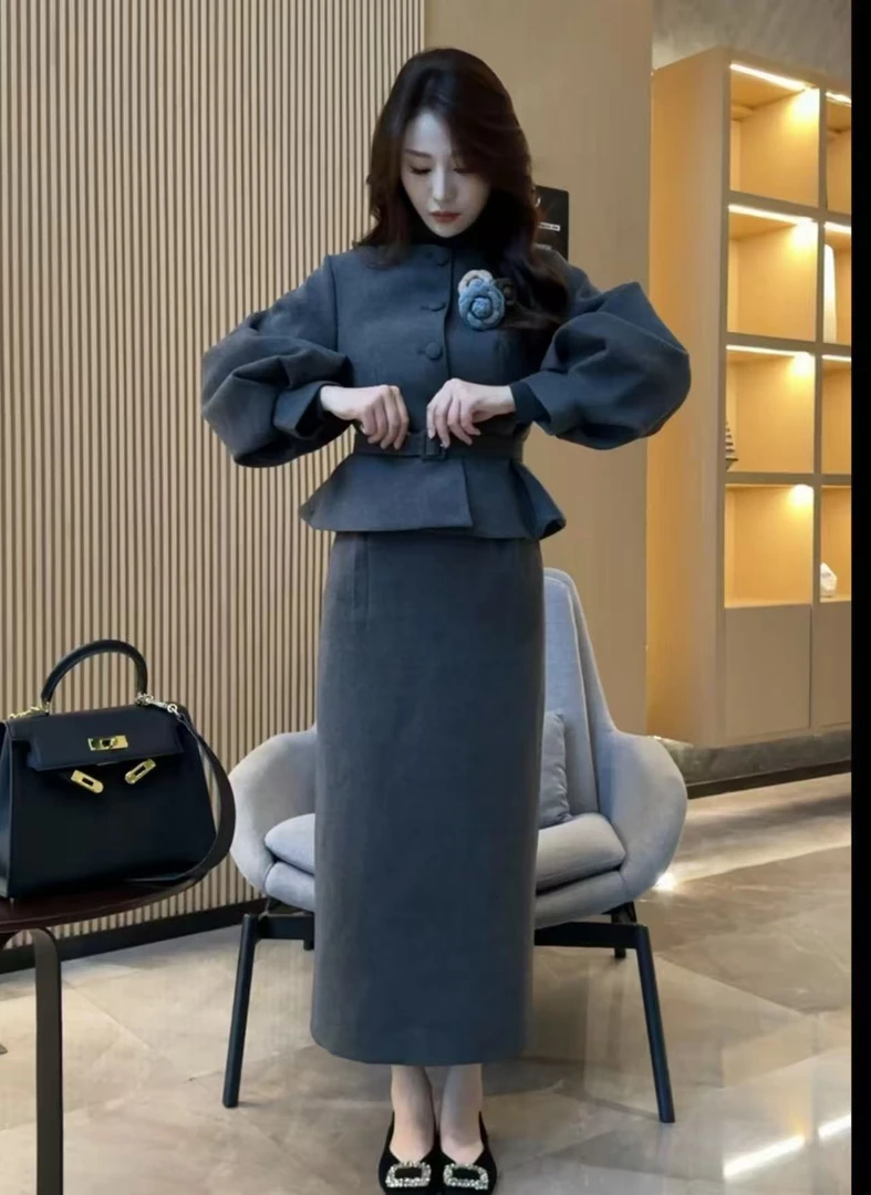 2025年秋冬季新款毛呢花朵装饰时尚套装