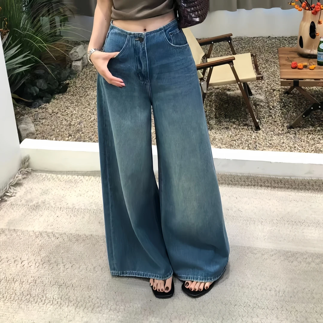 秋季蓝色宽松设计感长裤水洗高腰牛仔裤港风裤子百搭显瘦侘寂风