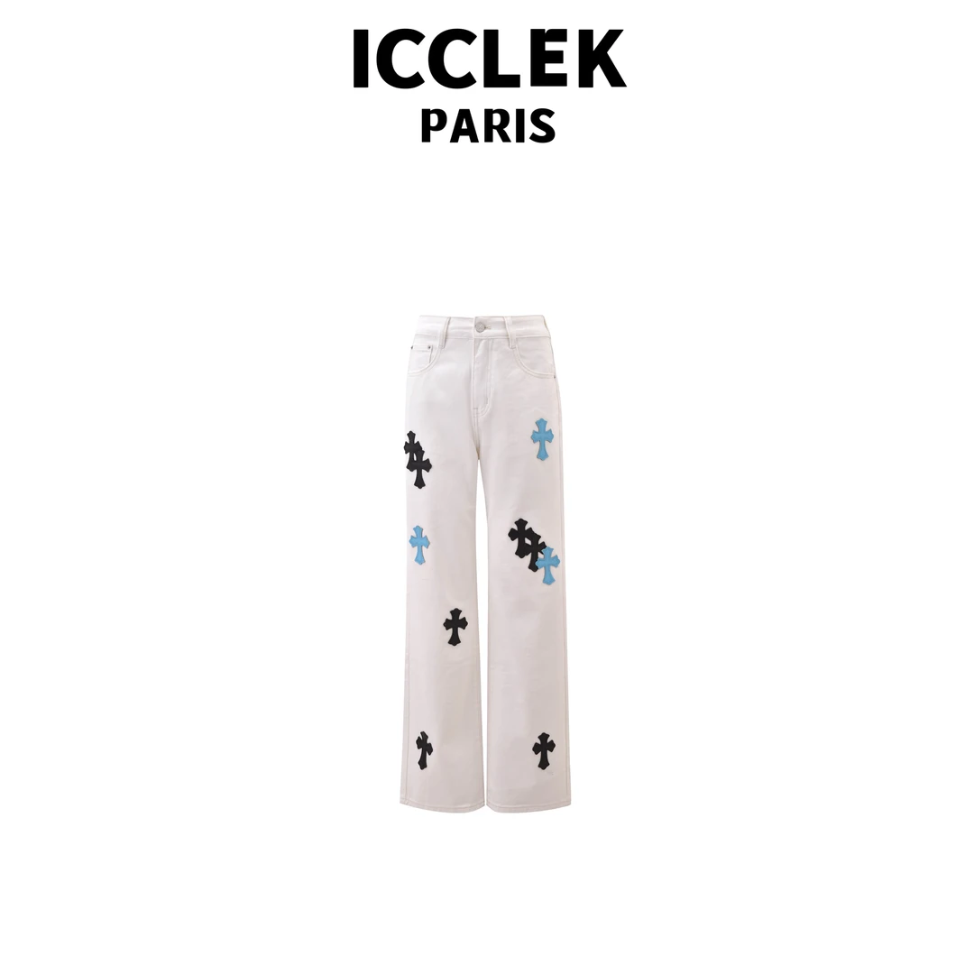 ICCLEK 白色高腰十字架直筒百搭牛仔裤 气质 百搭 -5463