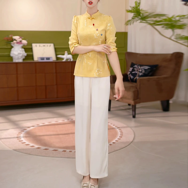 国风复古气质两件套女2025早秋新款妈妈洋气减龄显瘦遮肉长裤套装