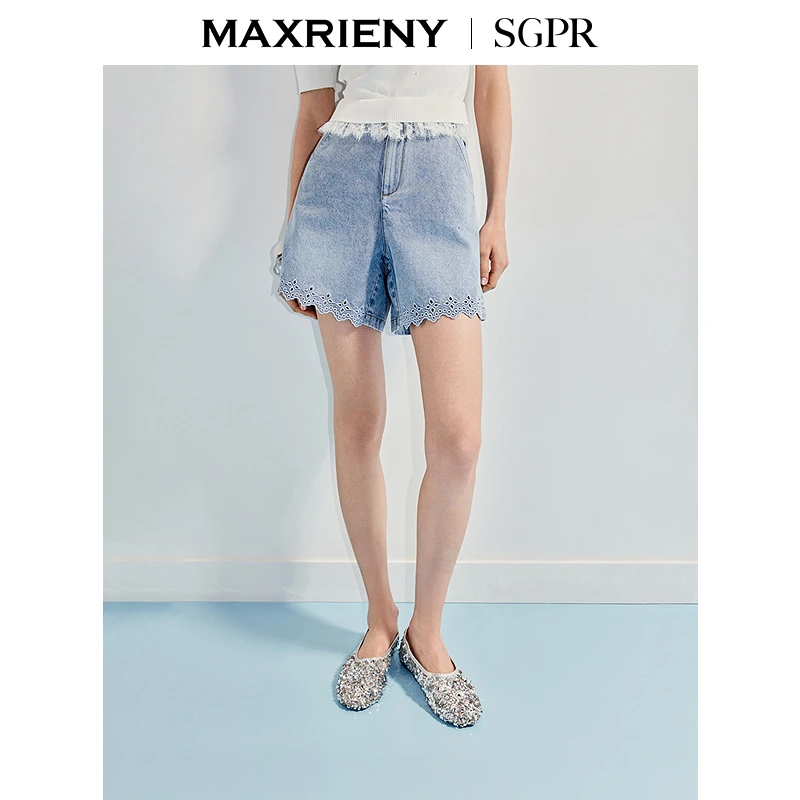 【商场同款】MAXRIENY精致日常浅牛仔蓝小A型镂空牛仔阔腿短裤夏
