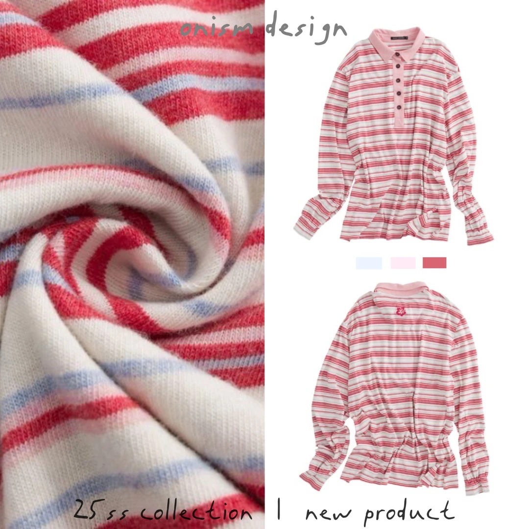 “匹诺曹”复古小花宽松长袖春季上衣夏威夷风条纹撞色翻领少女T恤