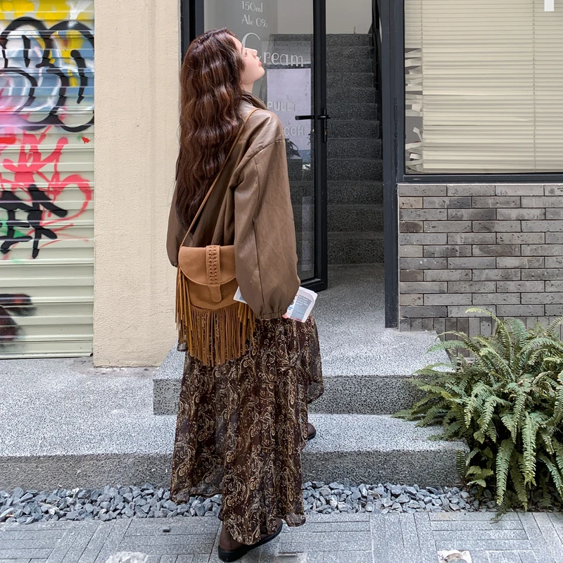 美拉德时髦咖色气质外套碎花连衣裙套装两件套女2025早春秋复古风