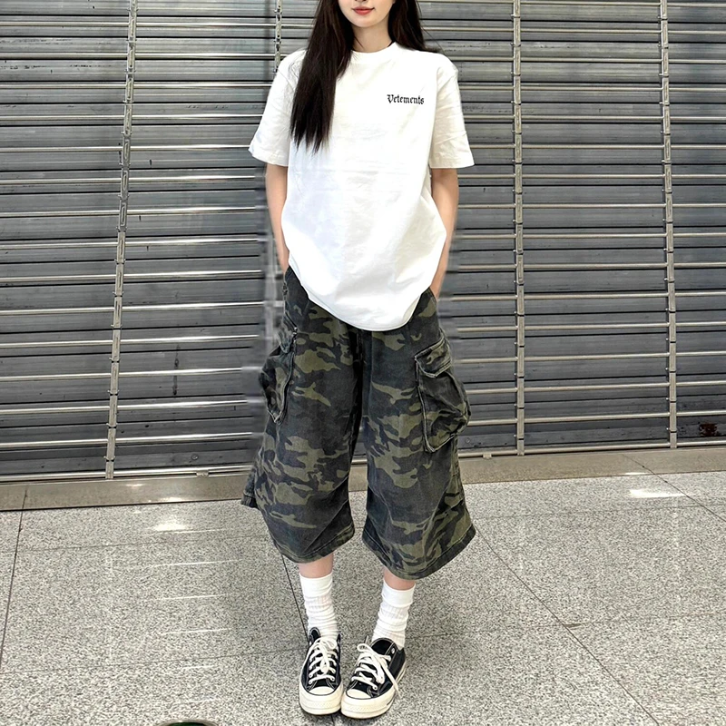 大码复古迷彩设计感七分牛仔裤女夏季新款宽松休闲百搭阔腿短裤潮