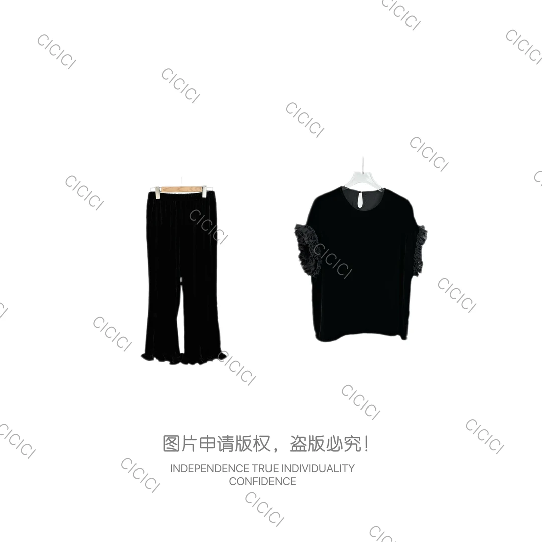 【CiCi酱】夏季显瘦花边袖口真丝短袖T恤+休闲直筒木耳边裤子套装