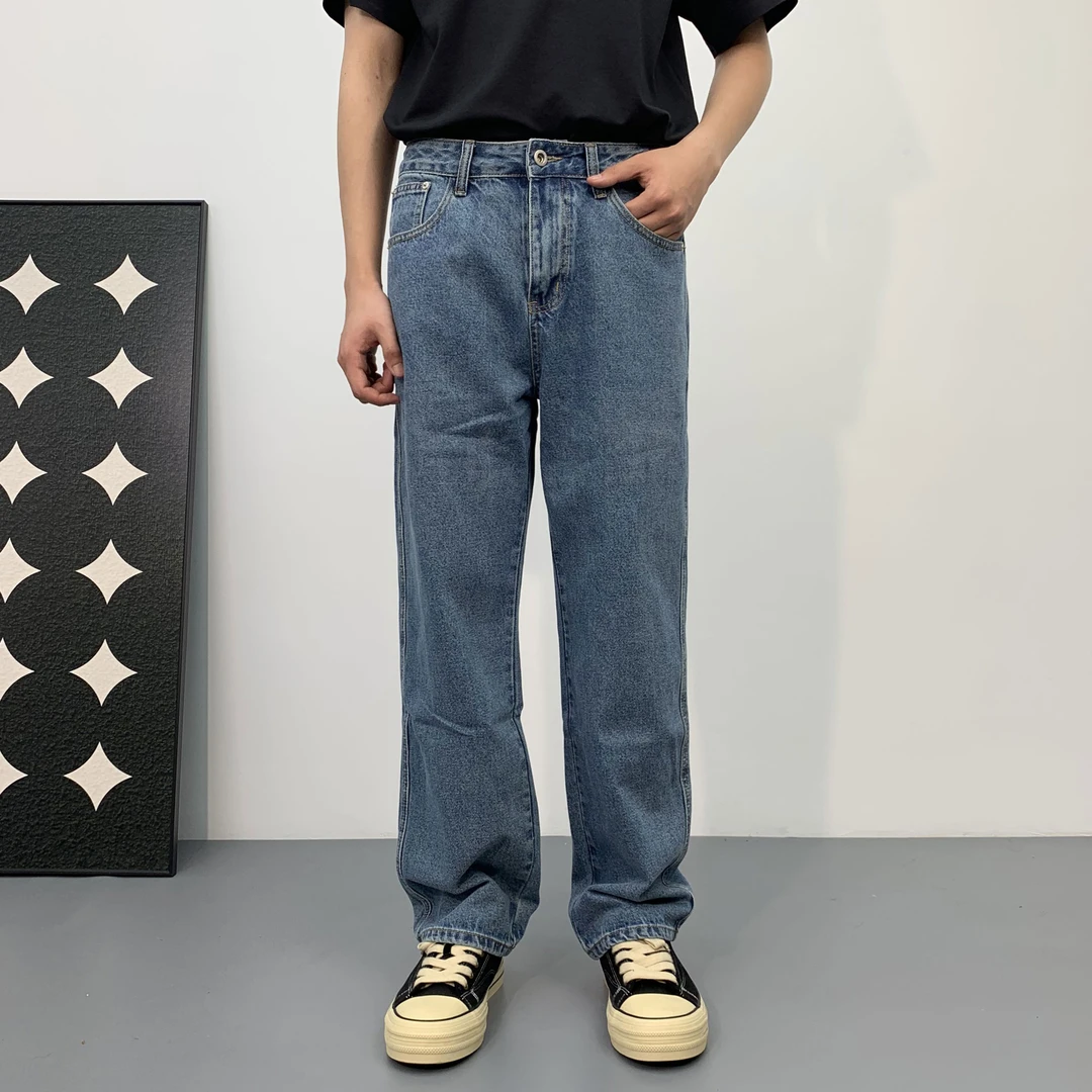 春夏新款休闲直筒牛仔裤男生青少年潮牌时尚美式高街宽松阔腿长裤