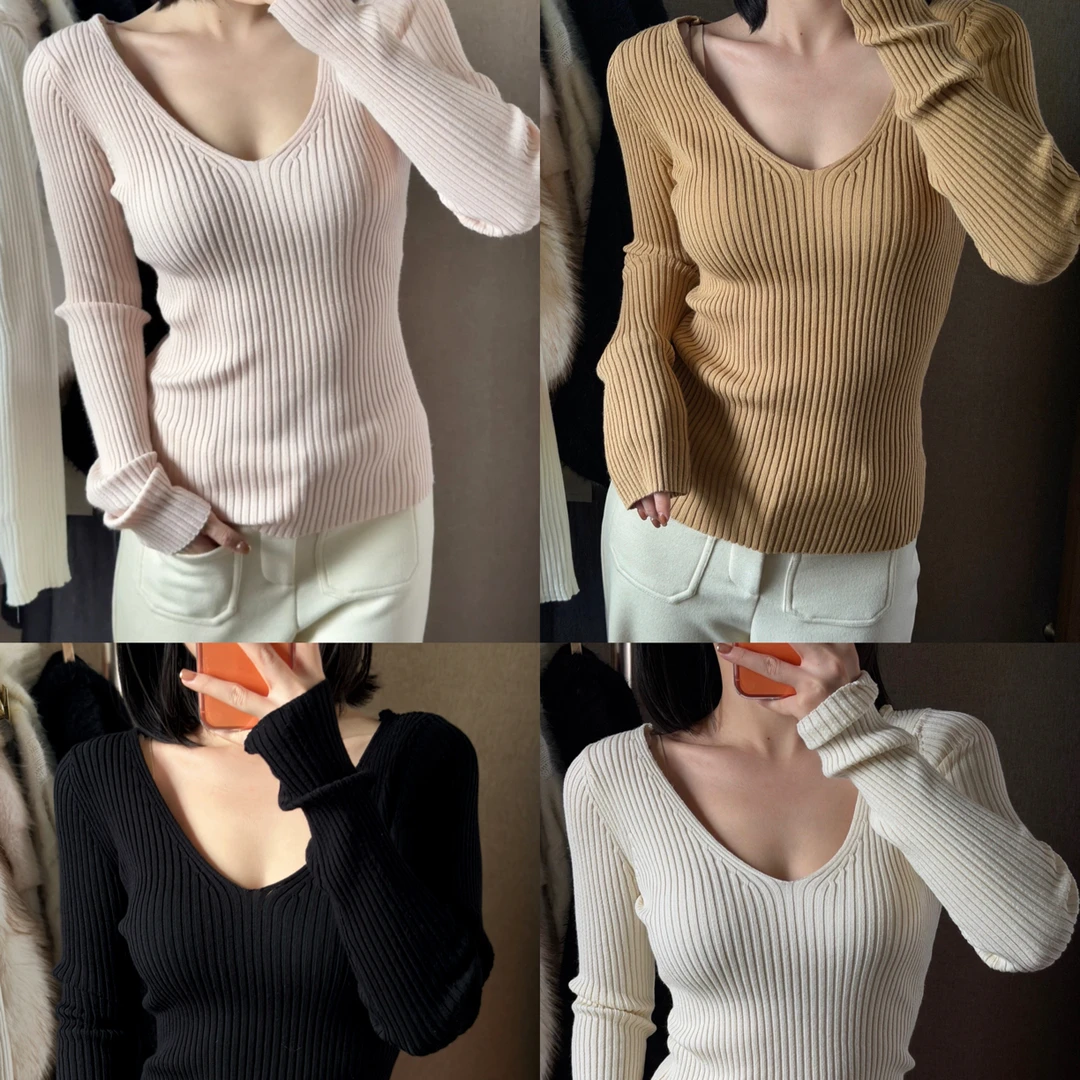 冬季露肩短款V领INS风套头款百搭毛针织衫针织设计感