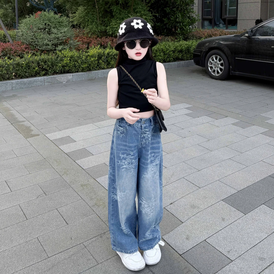 女童夏款套装2025新款洋气时尚夏季镂空背心牛仔提花阔腿裤两件套