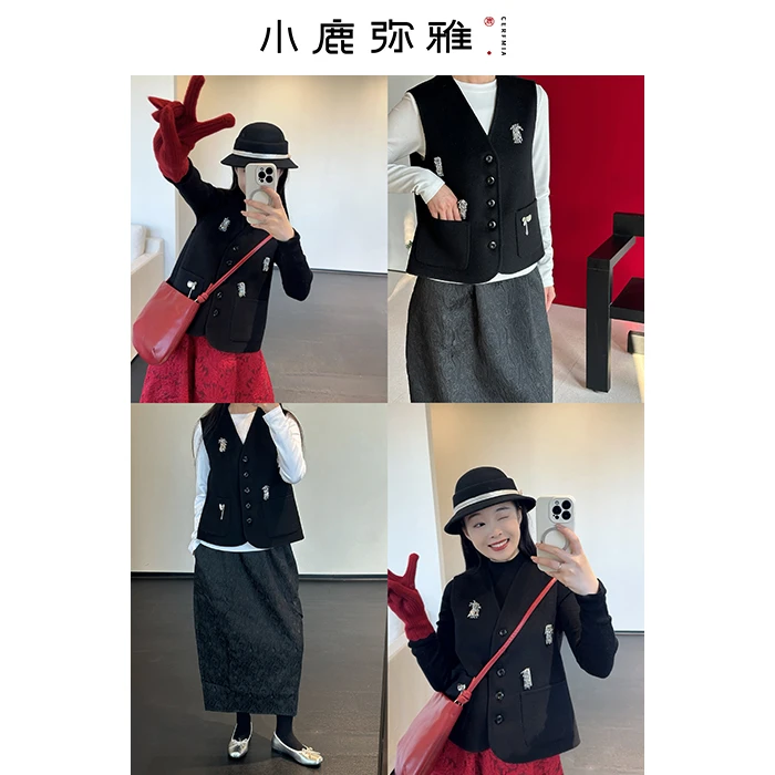 小鹿弥雅烟花系列100高支羊毛！原创重工钉珠双面呢马甲