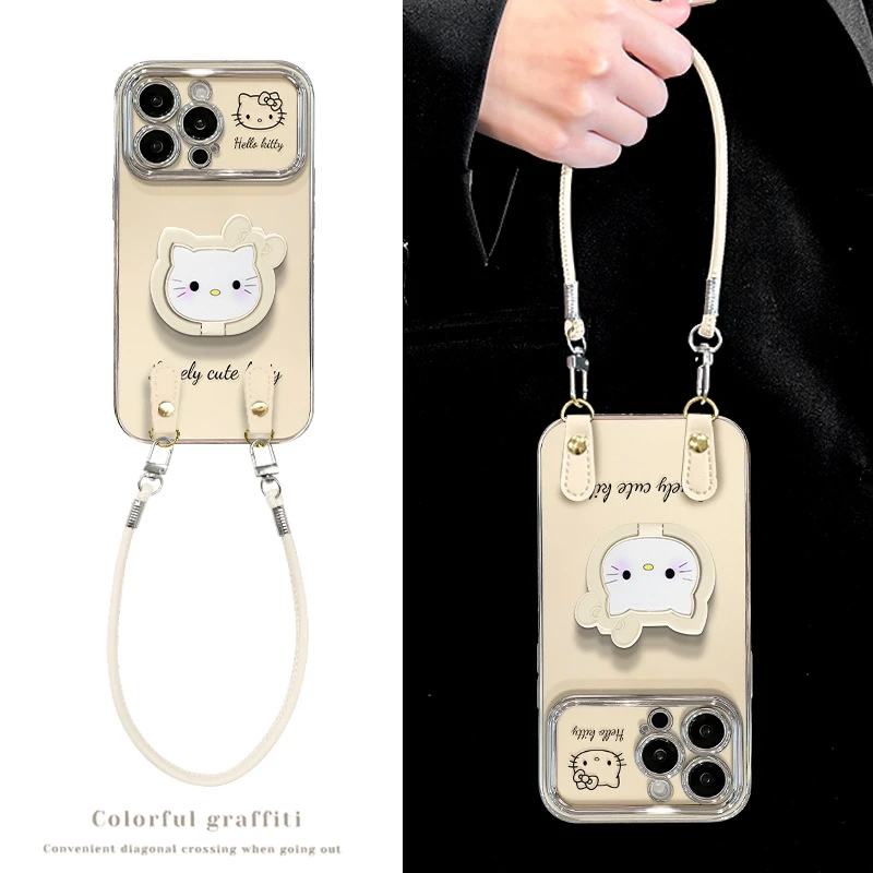 kt猫支架挂绳适用苹果16手机壳17promax电镀大视窗15高级感14可爱
