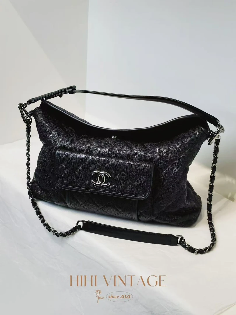 95新 Chanel/香奈儿 14B 黑银荔枝纹hobo 单肩包/18588764