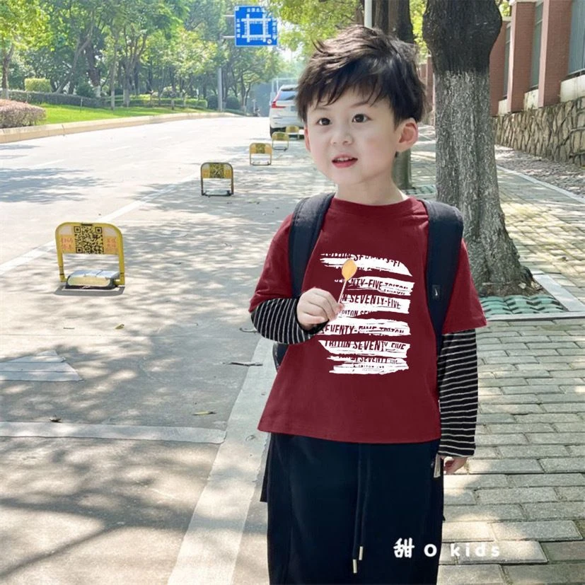 儿童韩版男女童假两件T恤2025春秋字母印花条纹上衣中小童潮酷t恤