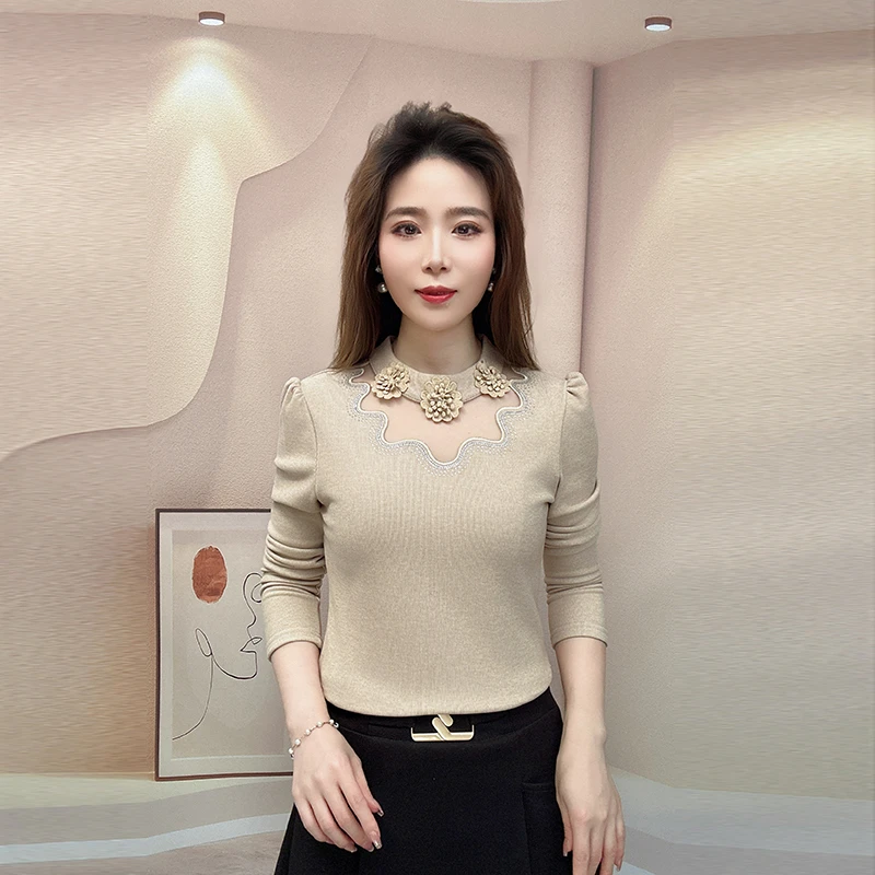2025蕾丝缕空打底衫内搭冬季宽身女士网纱小衫长袖拼接加厚洋气
