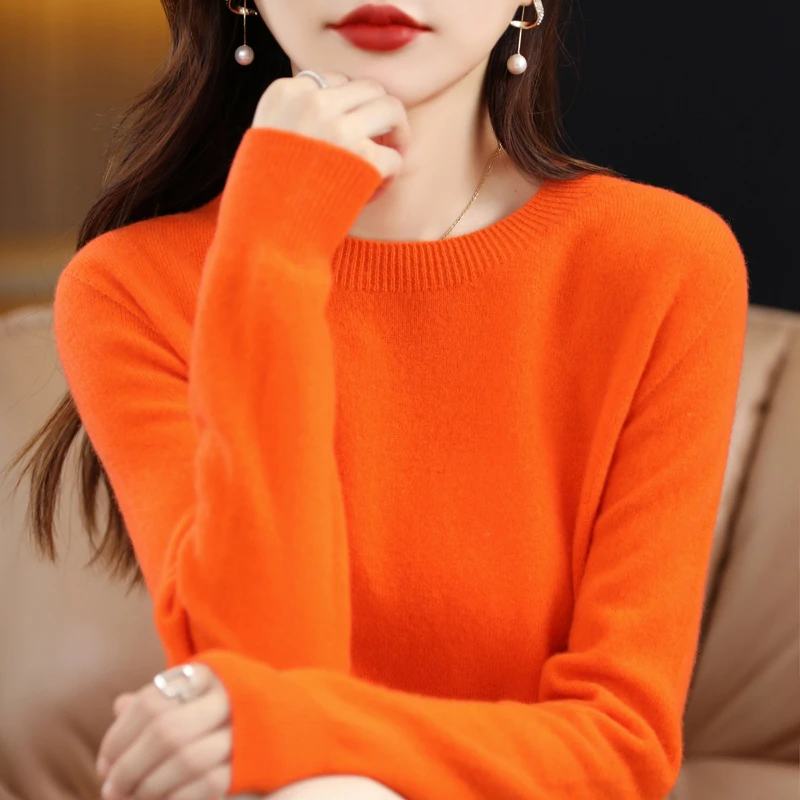 一线成衣100%纯羊毛衫女圆领套头宽松打底衫秋冬新款纯色针织毛衣