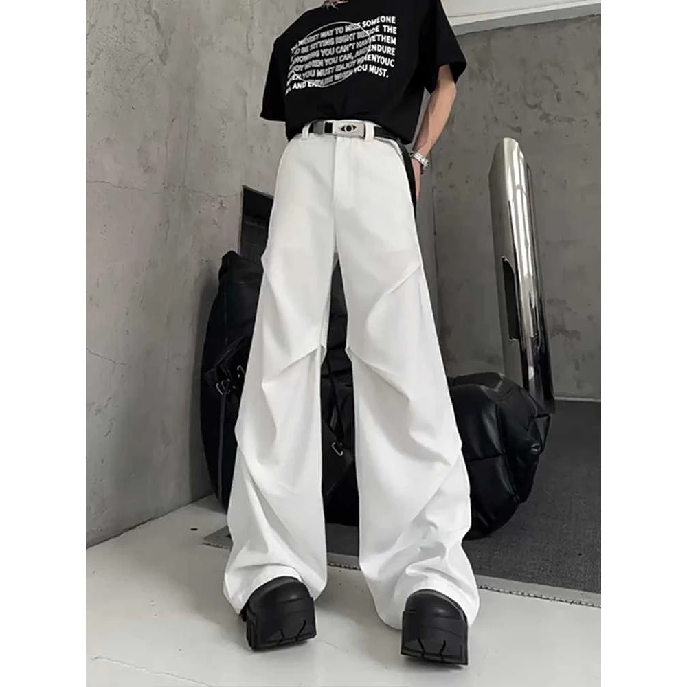 美式休闲百搭白色褶皱微喇西裤男潮牌痞帅炸街裤子高腰阔腿拖地裤