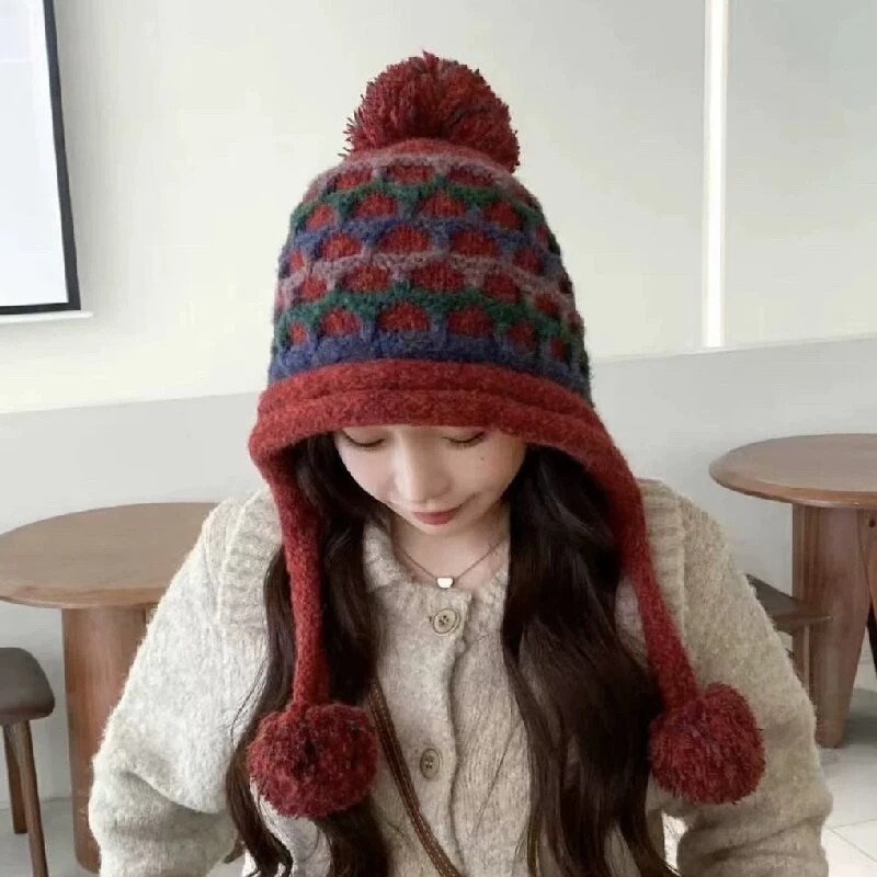 秋冬费尔岛针织帽大头围显脸小花边毛球防寒护耳加厚保暖毛线帽女